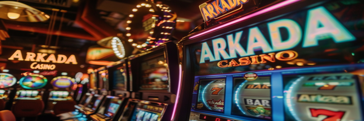 Светящиеся игровые автоматы Arkada Casino в стильной обстановке зала.